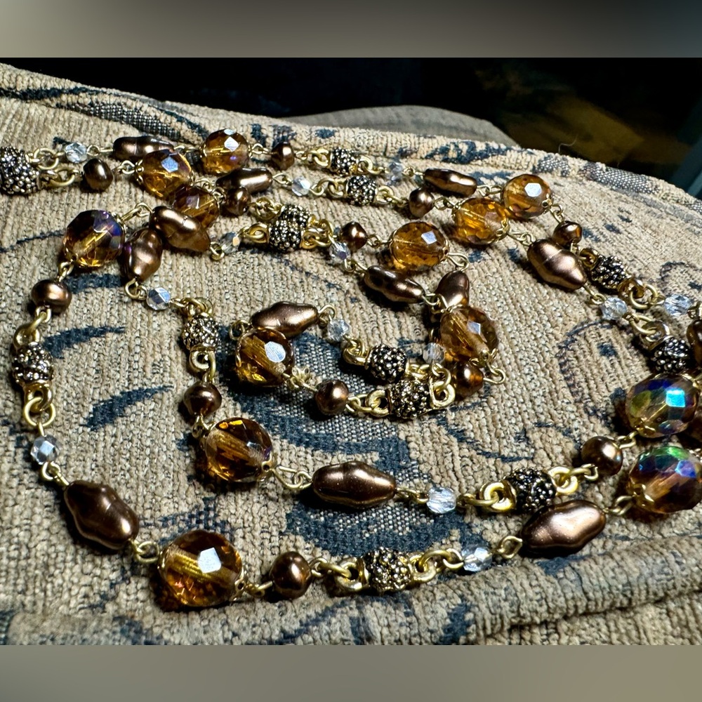 Pear, crystal and bead long necklace.
